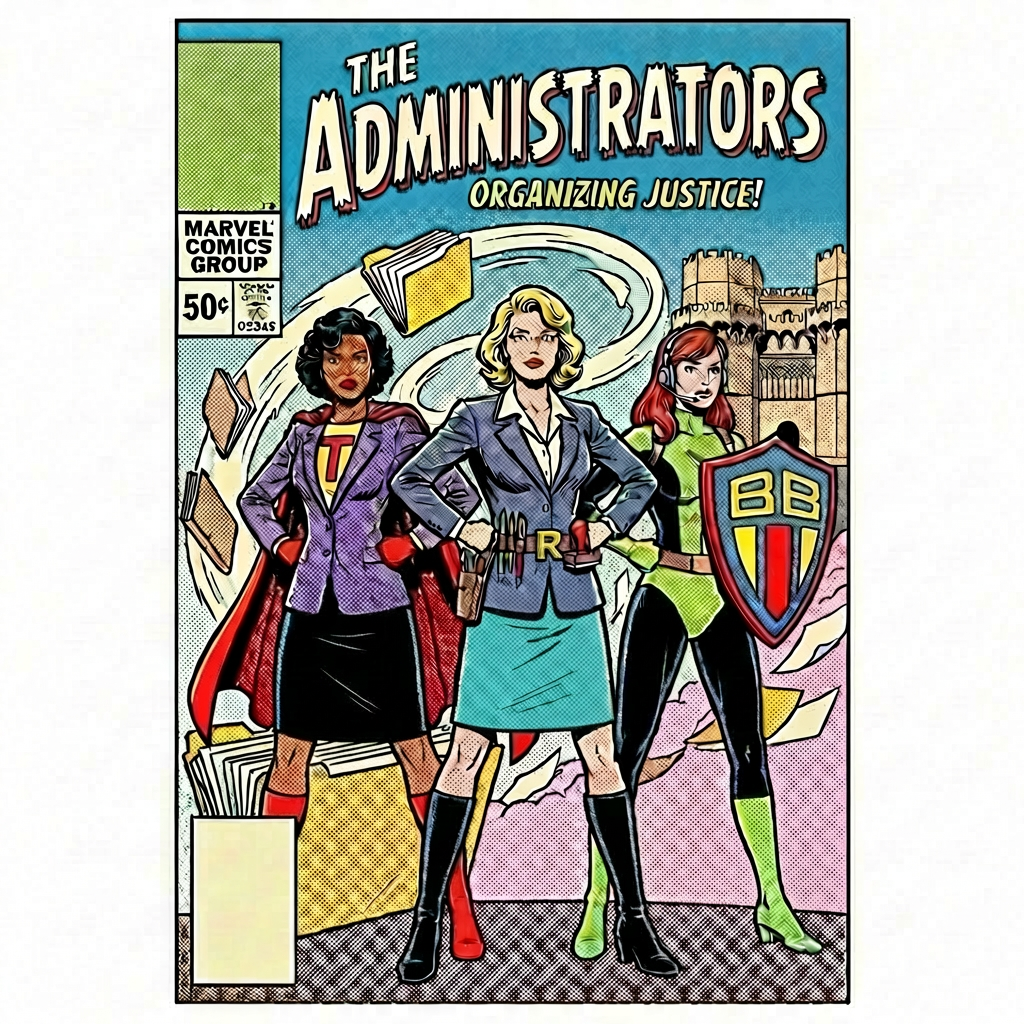 The Administrators Organizing Justice! Marvel Comics Group 50c. Three female superheroes with office supplies and DATA shield.